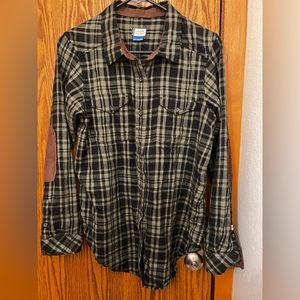 Kavu flannel with elbow patches, green, black and brown